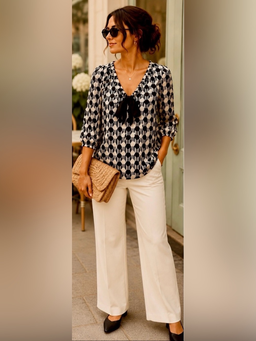 LOFT Black & Ivory Geometric Print Bow Tie Blouse | XS